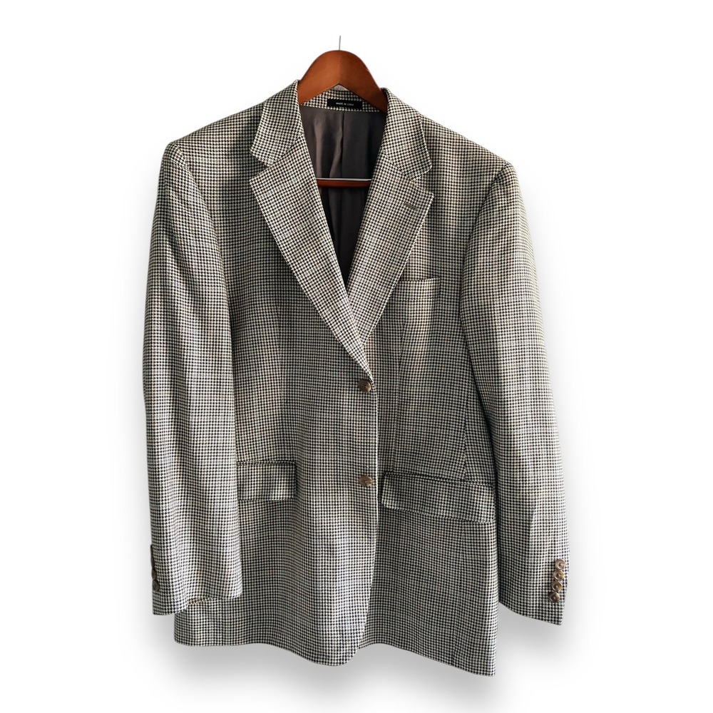 Ralph Ralph Lauren 100% Silk Houndstooth Blazer Sport Coat 40R Tan Black Blue